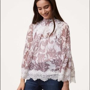 Loft | Paisley Lace Bell Sleeve Blouse | Size XS